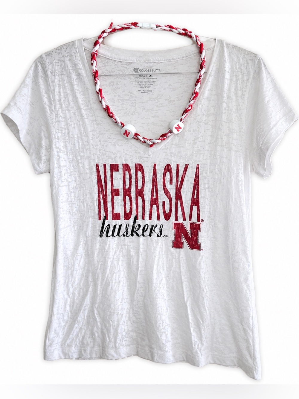 Nebraska Huskers Women’s Burnout V-Neck Tee + Braided Necklace XL Game Day